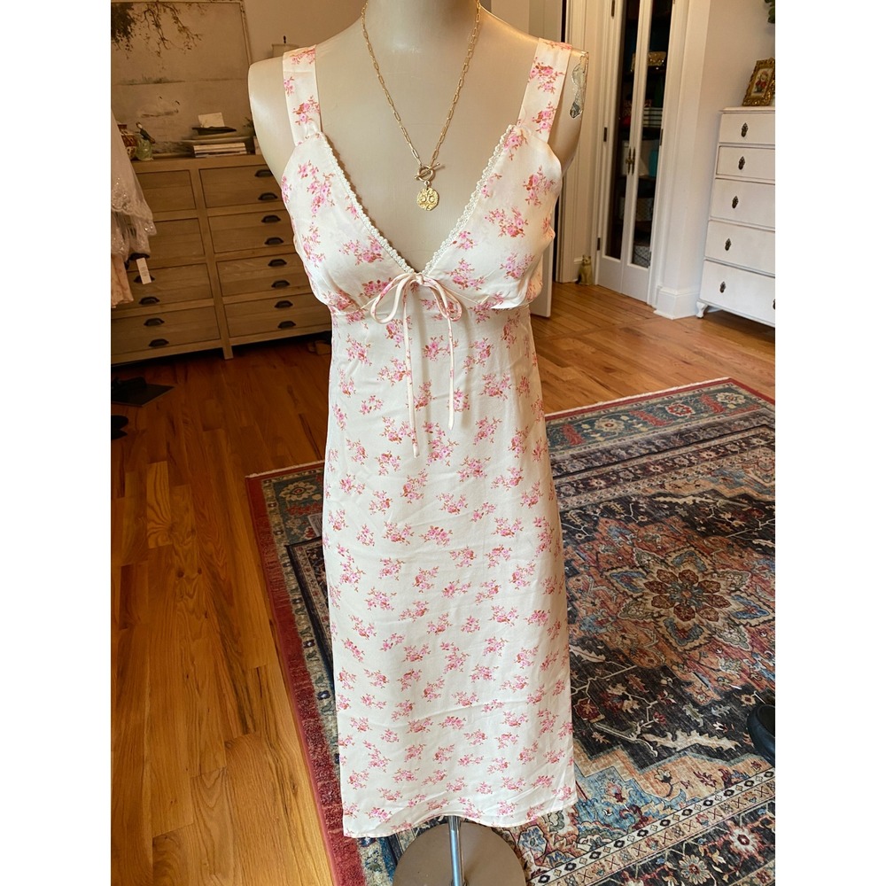 Monteau Los Angeles Pink Floral‎ Midi Dress Empire Waist Smocked Back Small